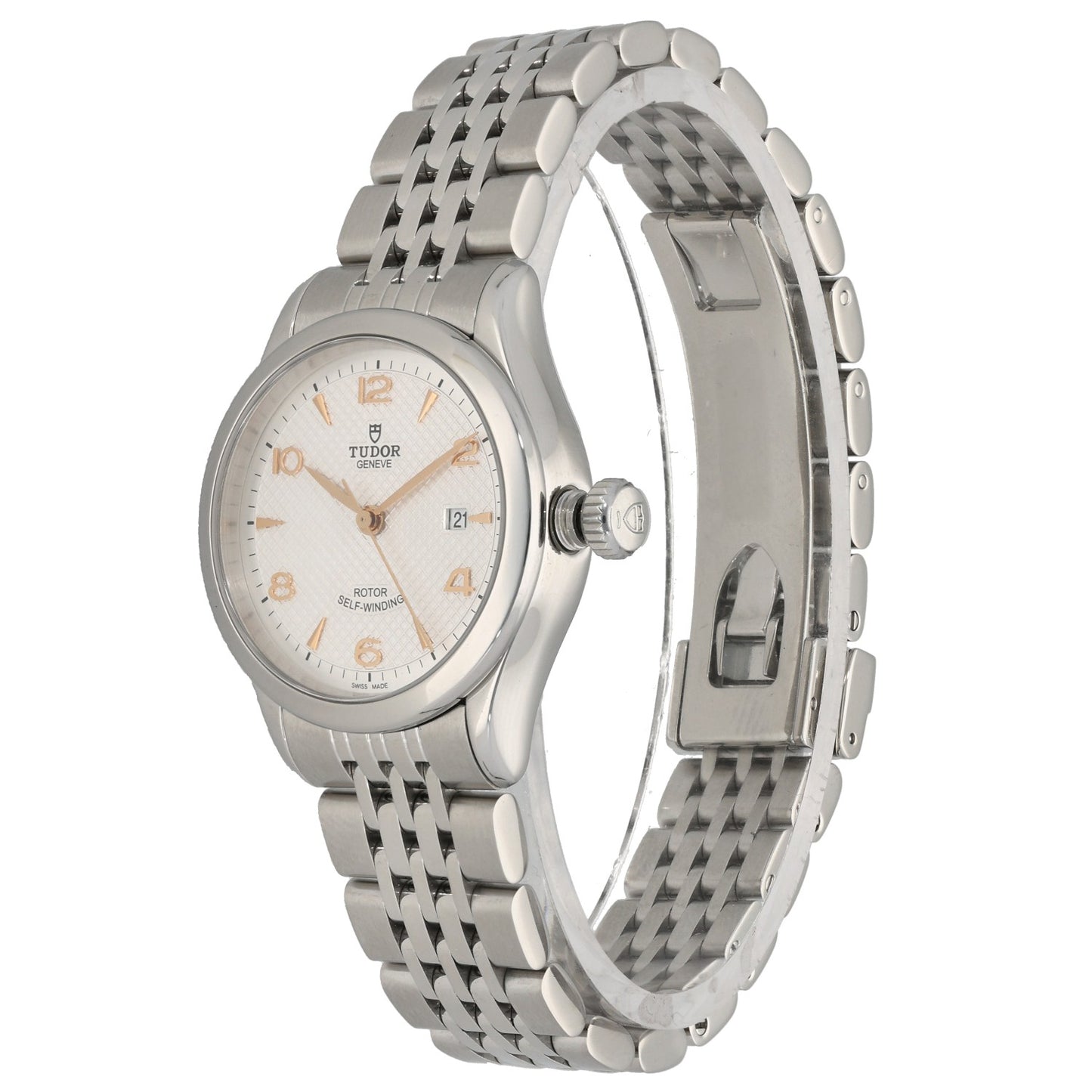 Tudor 1926 91350 28mm case, silver dial with gold hour markers
