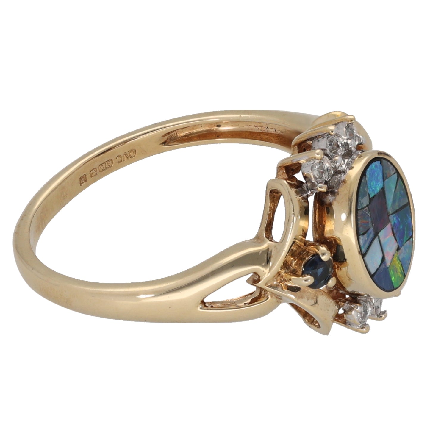 9ct Gold Mosaic Opal Doublet & Sapphire & 0.03ct Diamond Dress/Cocktail Ring Size N