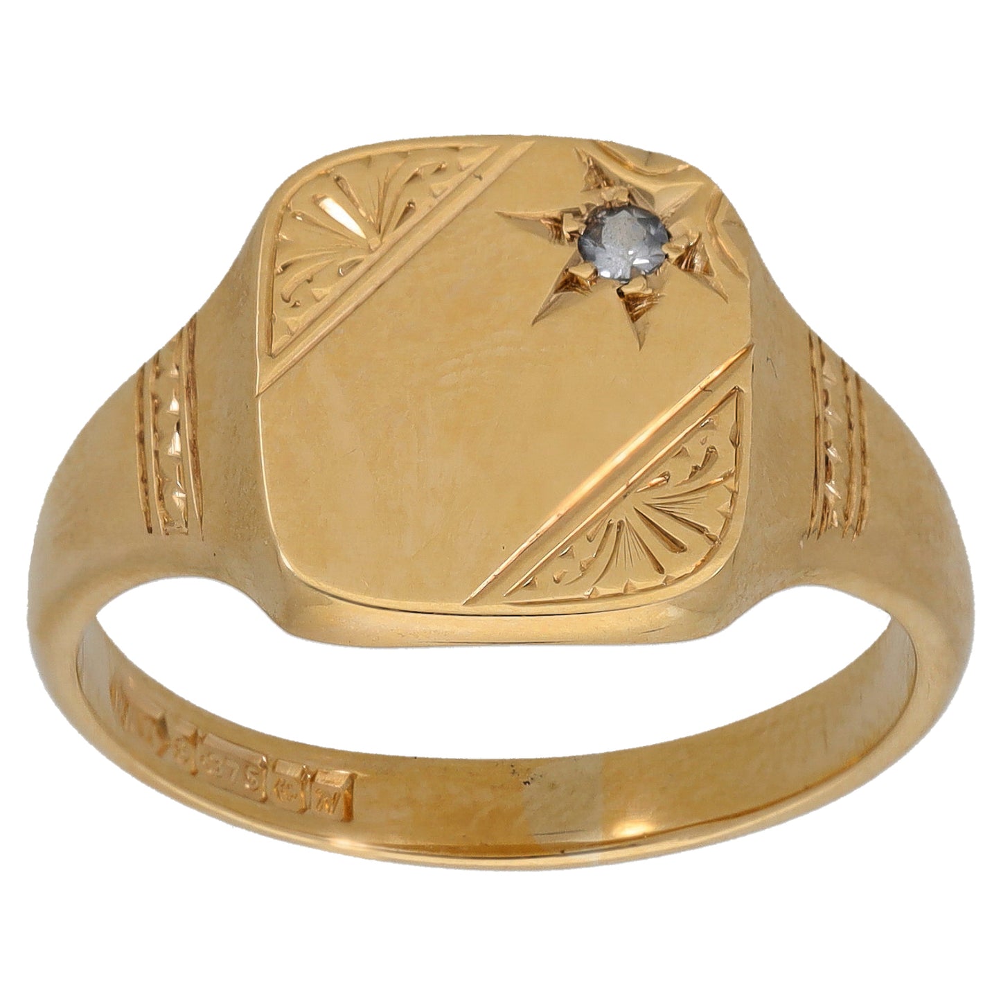 9ct Gold Cubic Zirconia Patterned Single Stone Signet Ring Size V