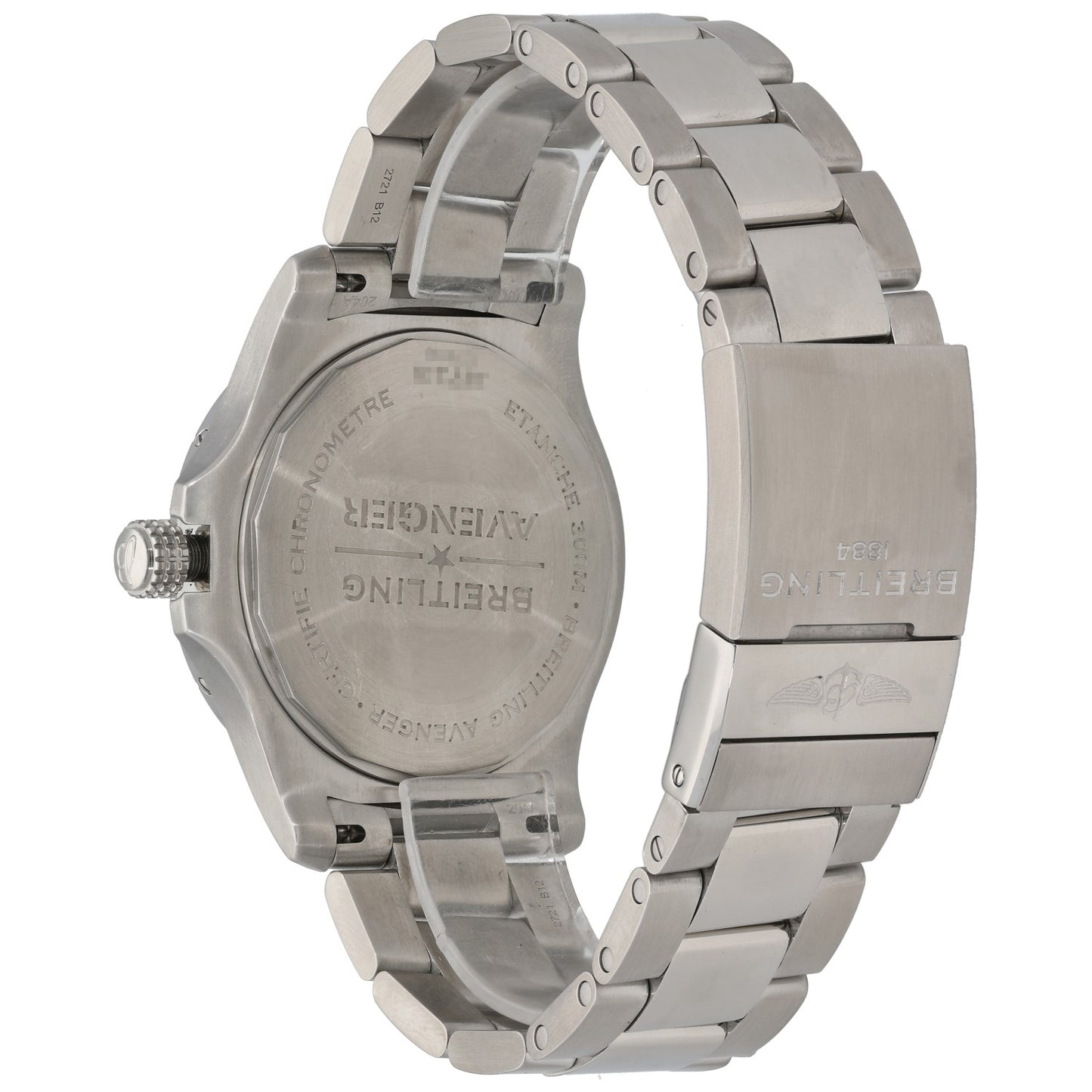Stainless steel Breitling Avenger watch caseback and steel bracelet links, crown detail