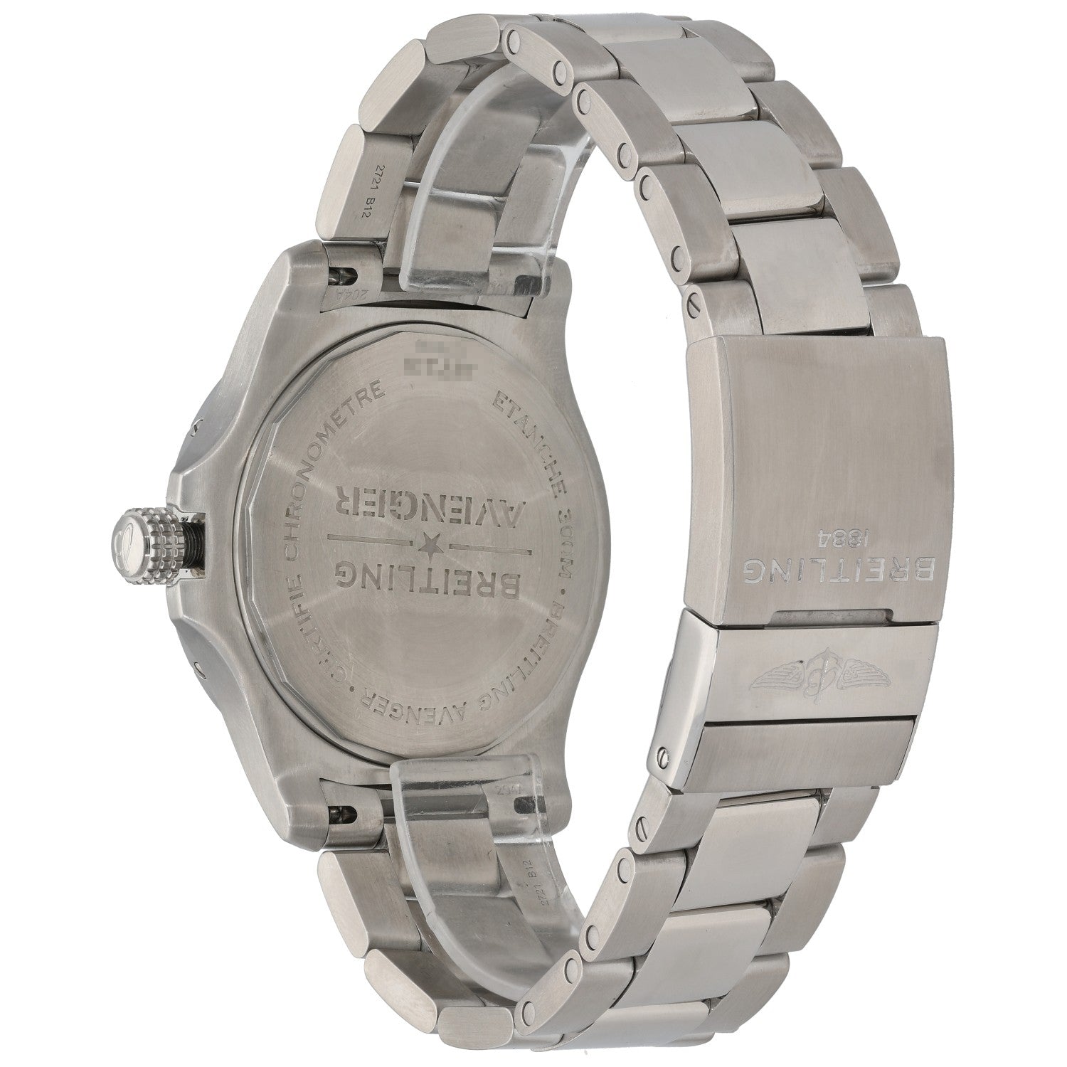 Stainless steel Breitling Avenger watch caseback and steel bracelet links, crown detail