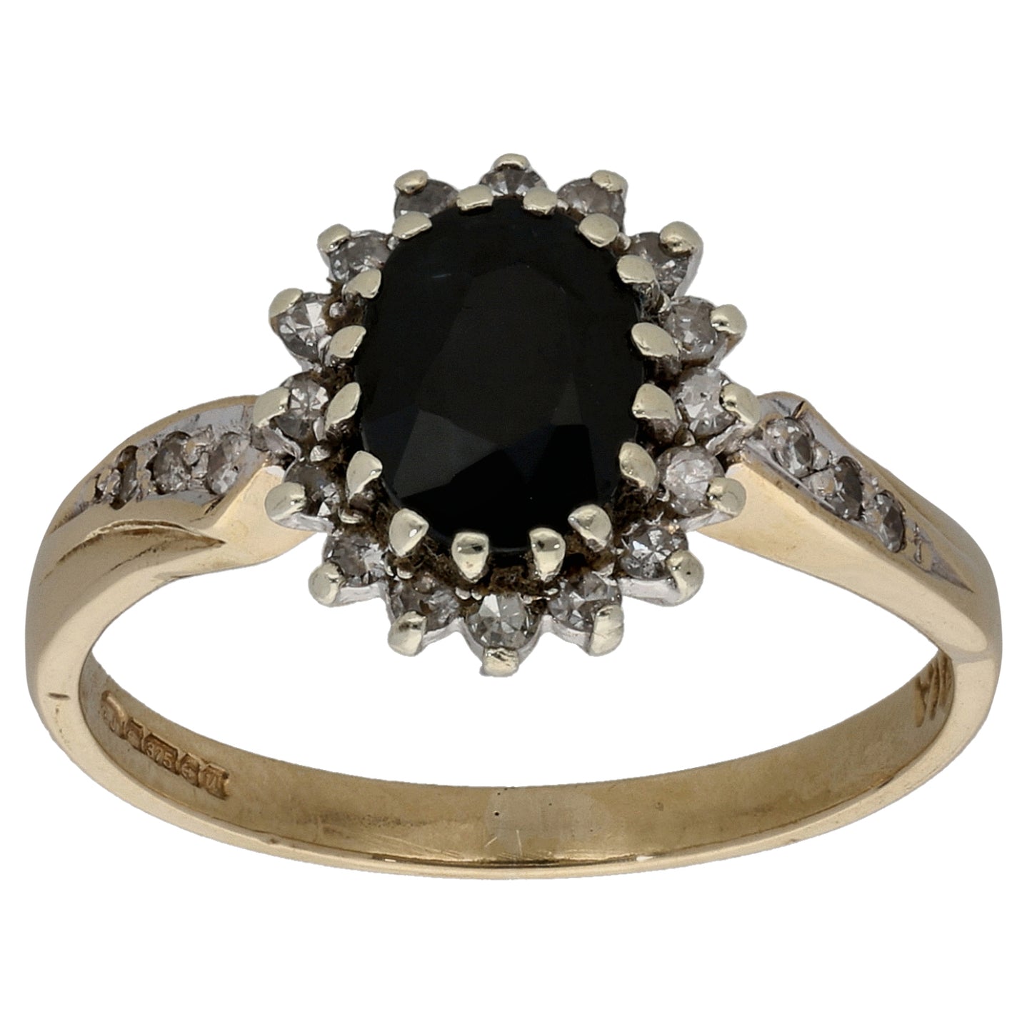 9ct Gold Sapphire & 0.22ct Diamond Cluster Ring Size O