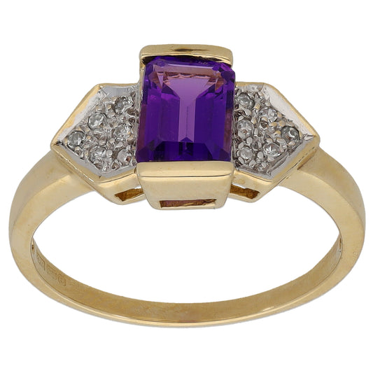 9ct Gold Amethyst & 0.06ct Diamond Single Stone Ring with Accent Stones Size N