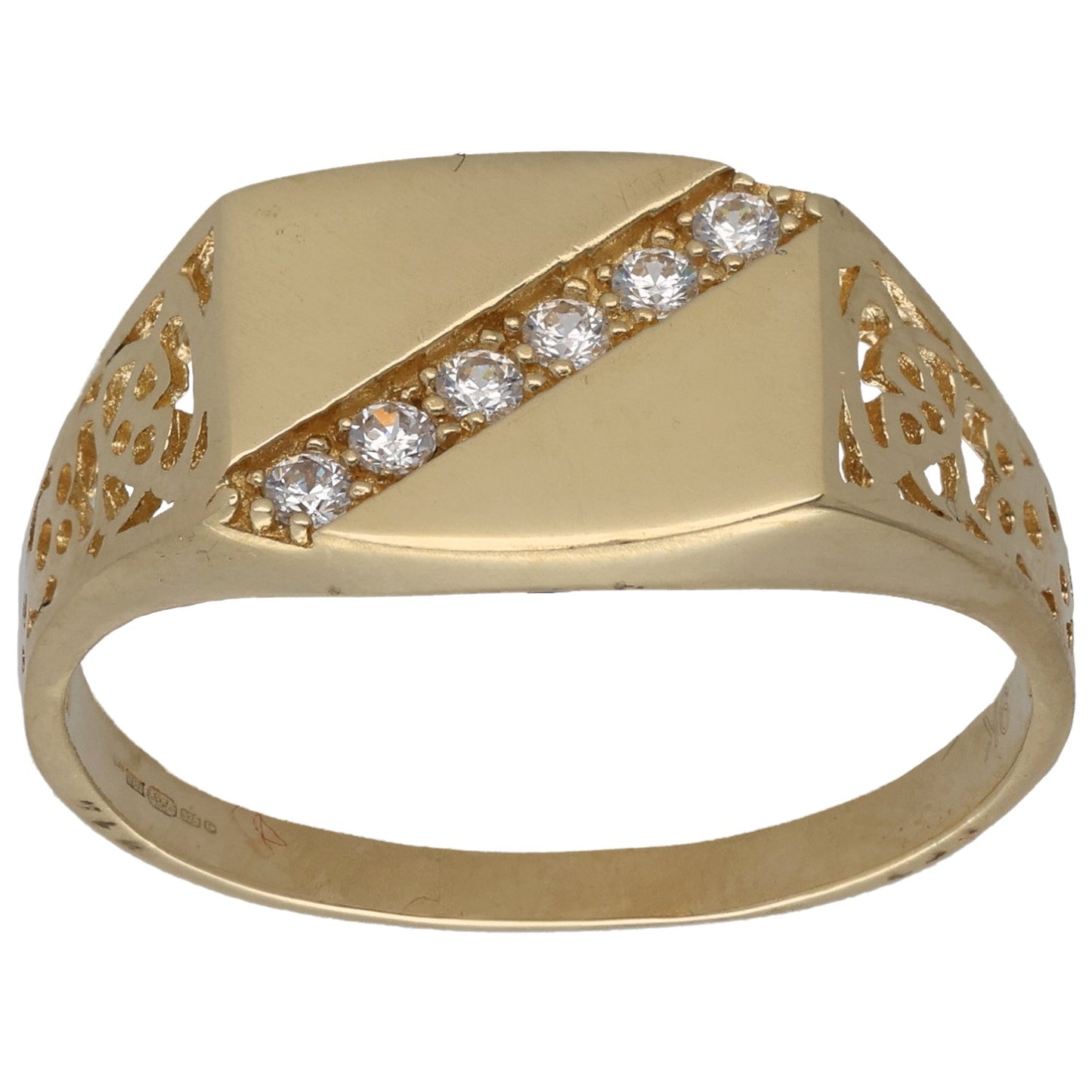 9ct Gold Cubic Zirconia Patterned Signet Ring Size X
