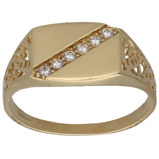 9ct Gold Cubic Zirconia Patterned Signet Ring Size X