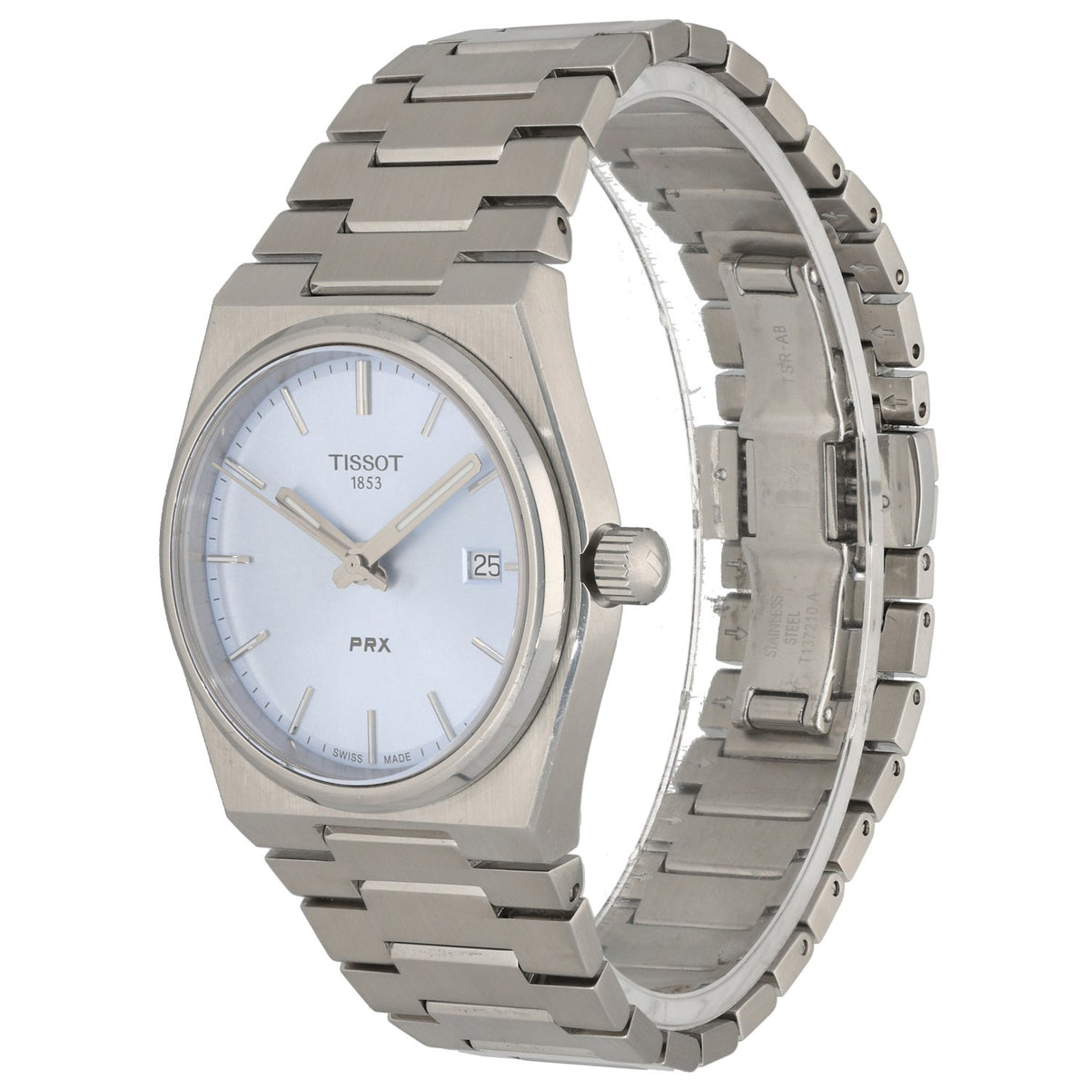 Tissot PRX T137210A, light blue dial, with a stainless steel case and bracelet, front angle image