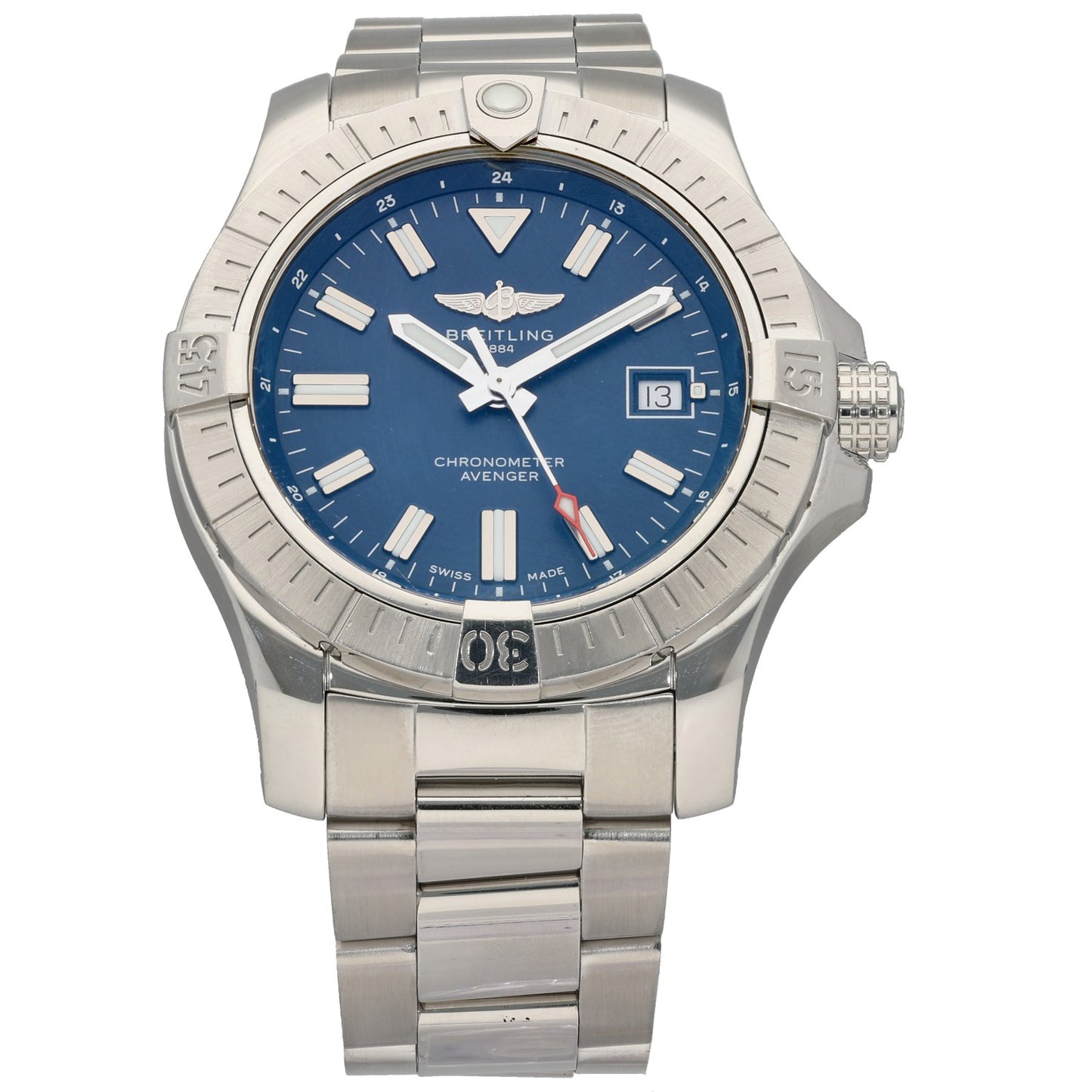 Stainless steel Breitling Avenger wristwatch with blue dial, steel bracelet, date window