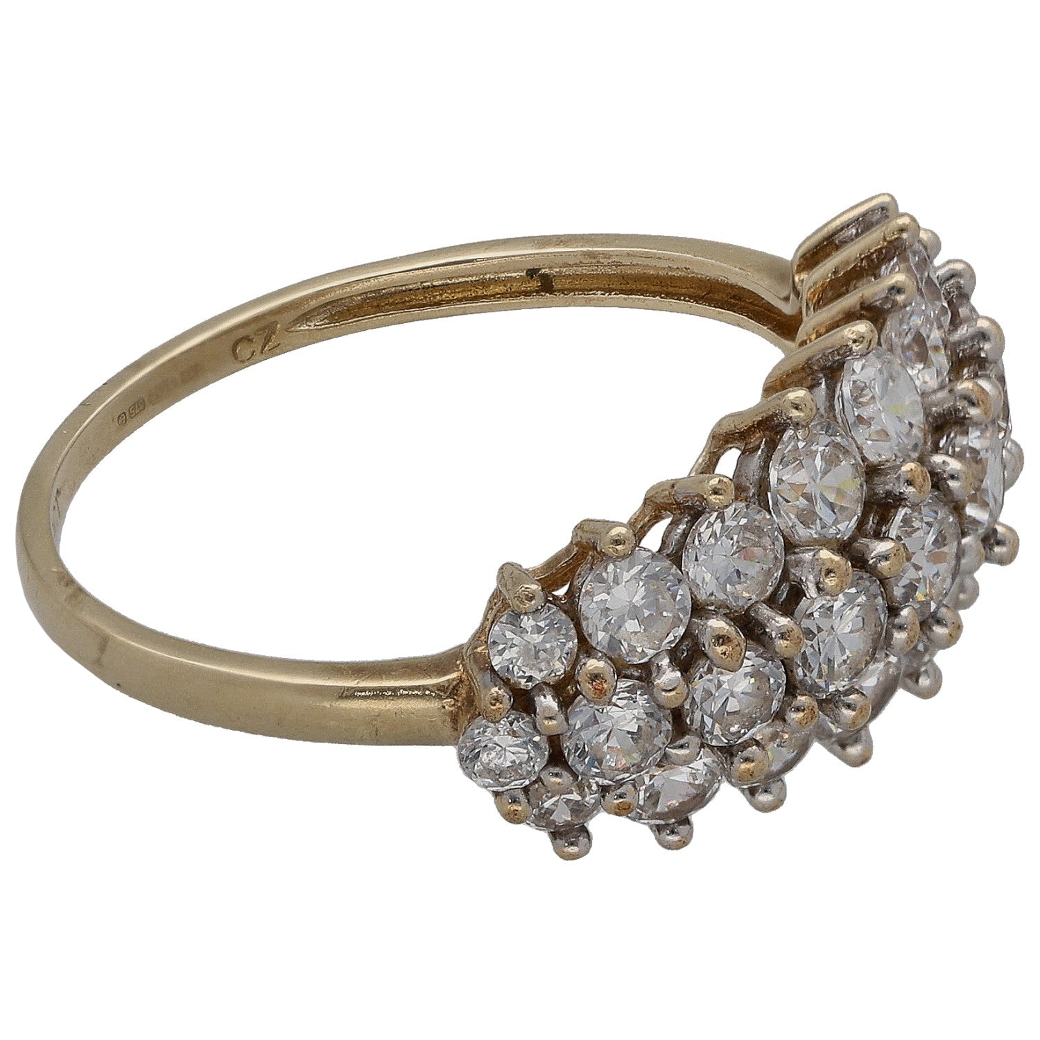 Gold dress ring with large round CZ cluster at side, prong-set bezel