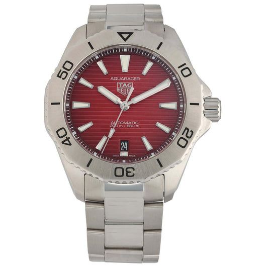 Tag Heuer Aquaracer WBP2114-0 Stainless steel sport watch with maroon dial, date window, and metal bracelet