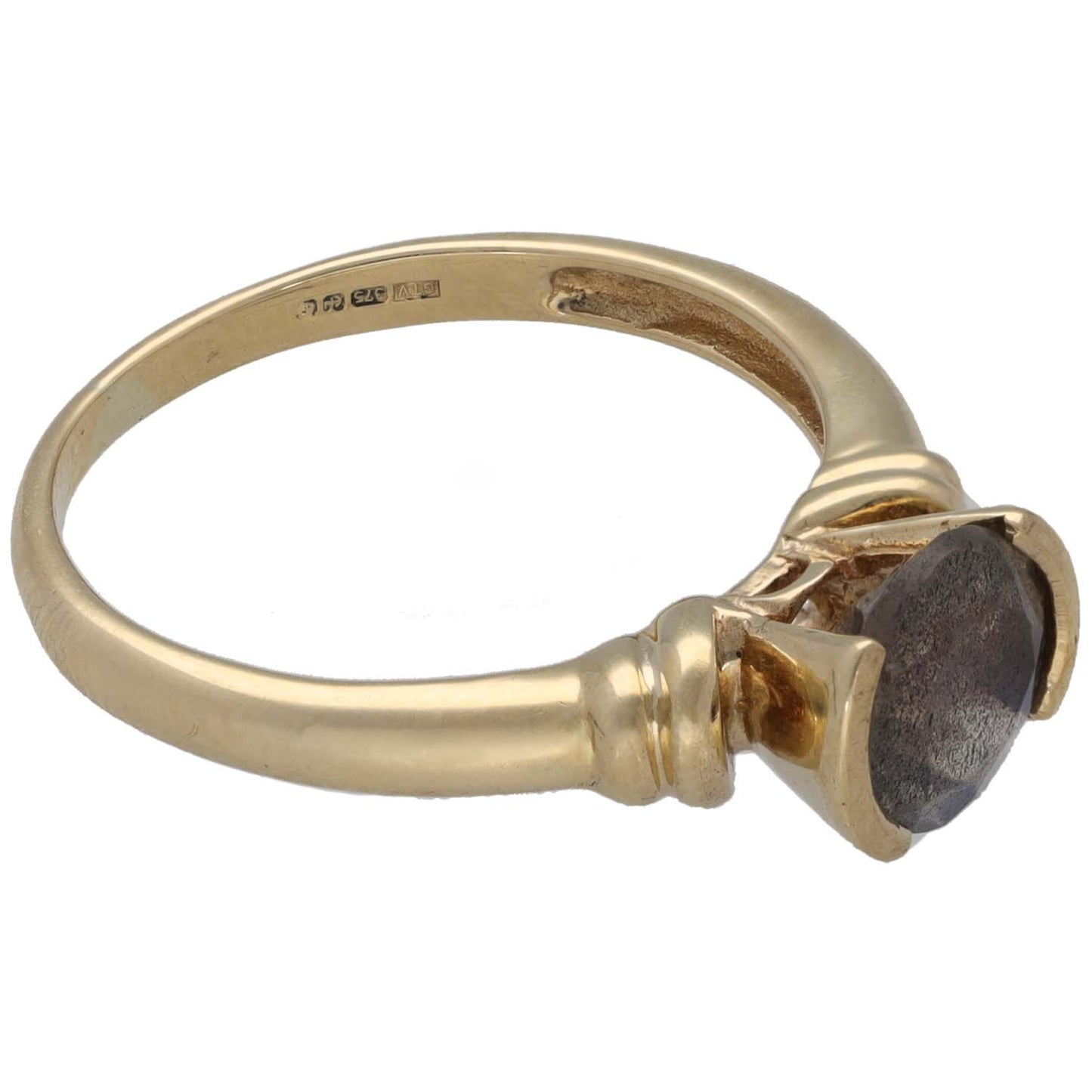 Gold single-stone ring, side view of claw-prong dark feldspar and smooth band
