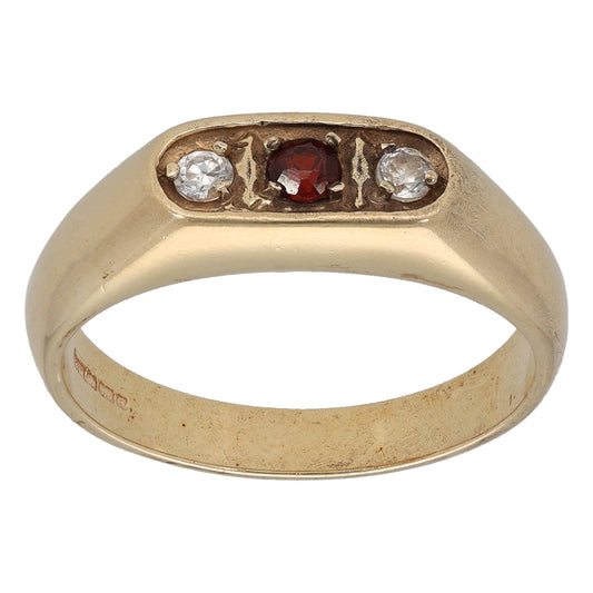 9ct Gold Garnet & Cubic Zirconia Three Stone Ring Size P