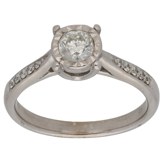 9ct White Gold 0.45ct Diamond Solitaire Ring With Accent Stones Size M