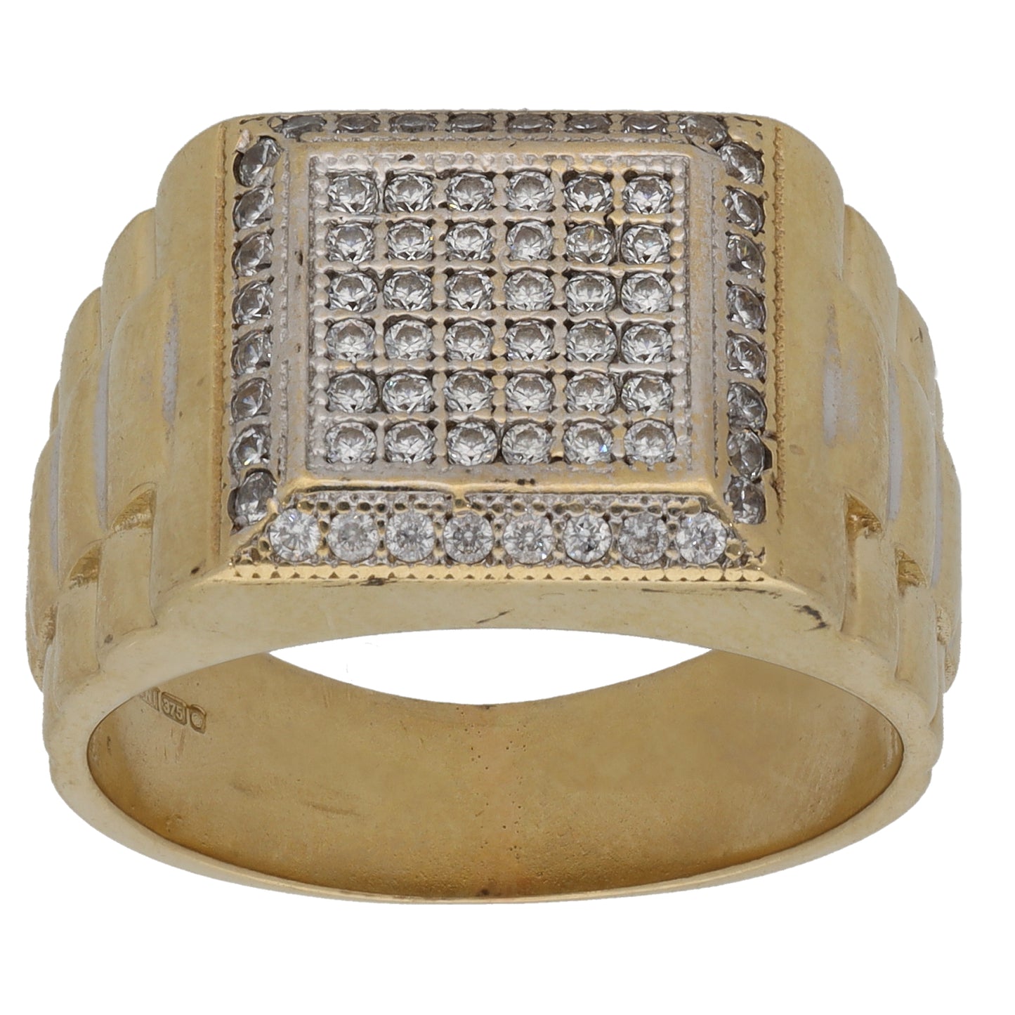 9ct Gold Cubic Zirconia Patterned Signet Ring Size R
