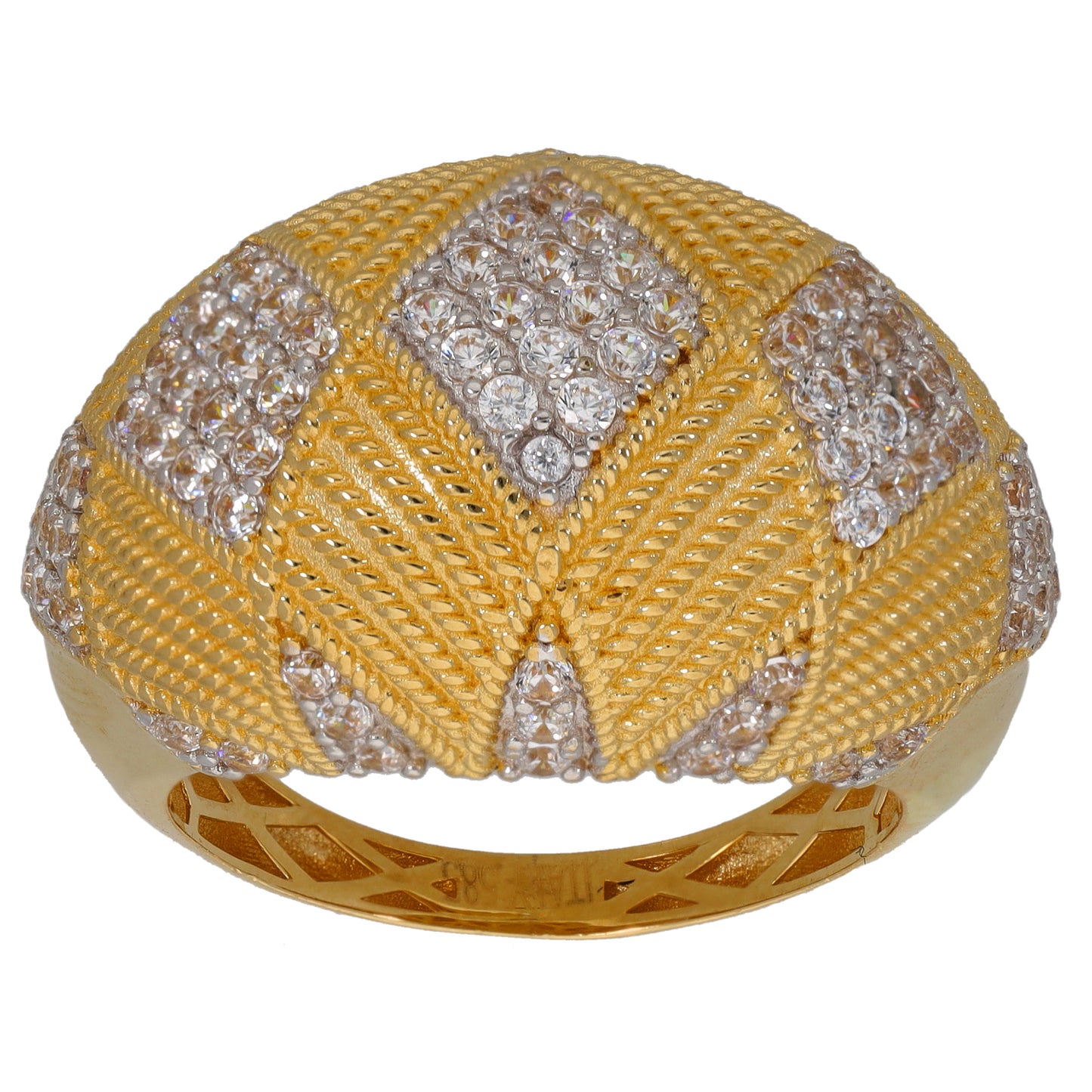 14ct gold ring with domed CZ-studded geometric design