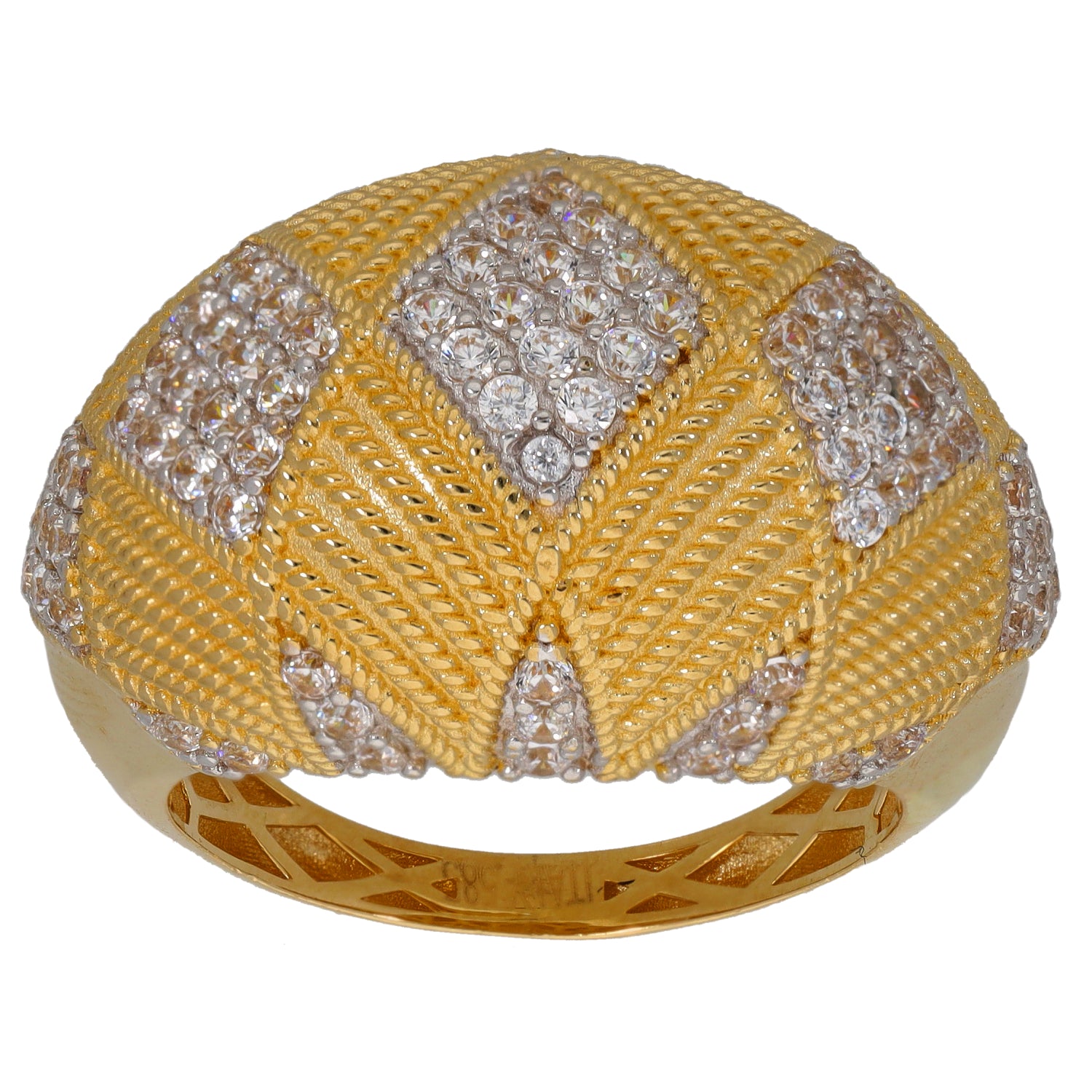 14ct gold ring with domed CZ-studded geometric design