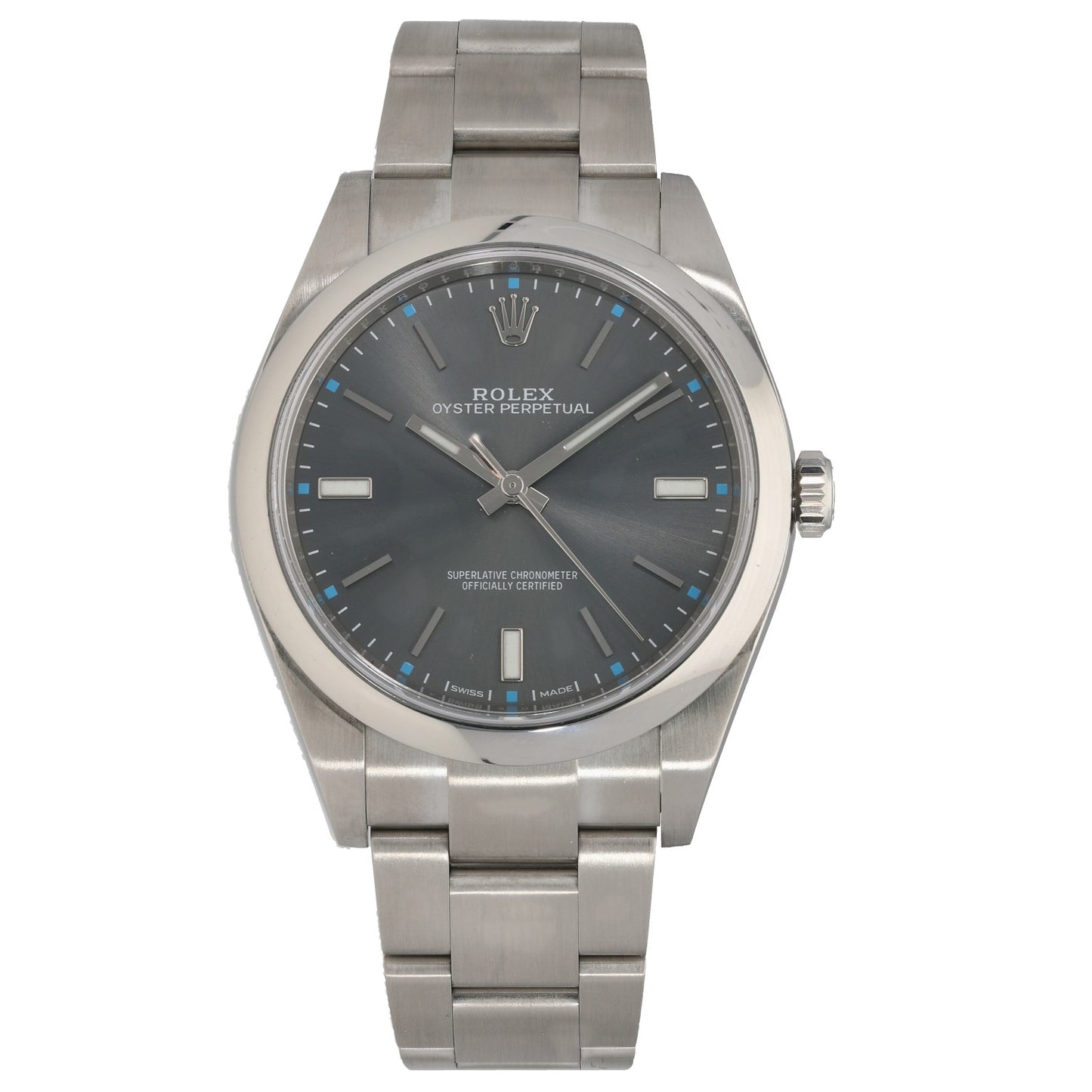 Rolex Oyster Perpetual 114300 stainless steel wristwatch with dark blue dial and metal bracelet