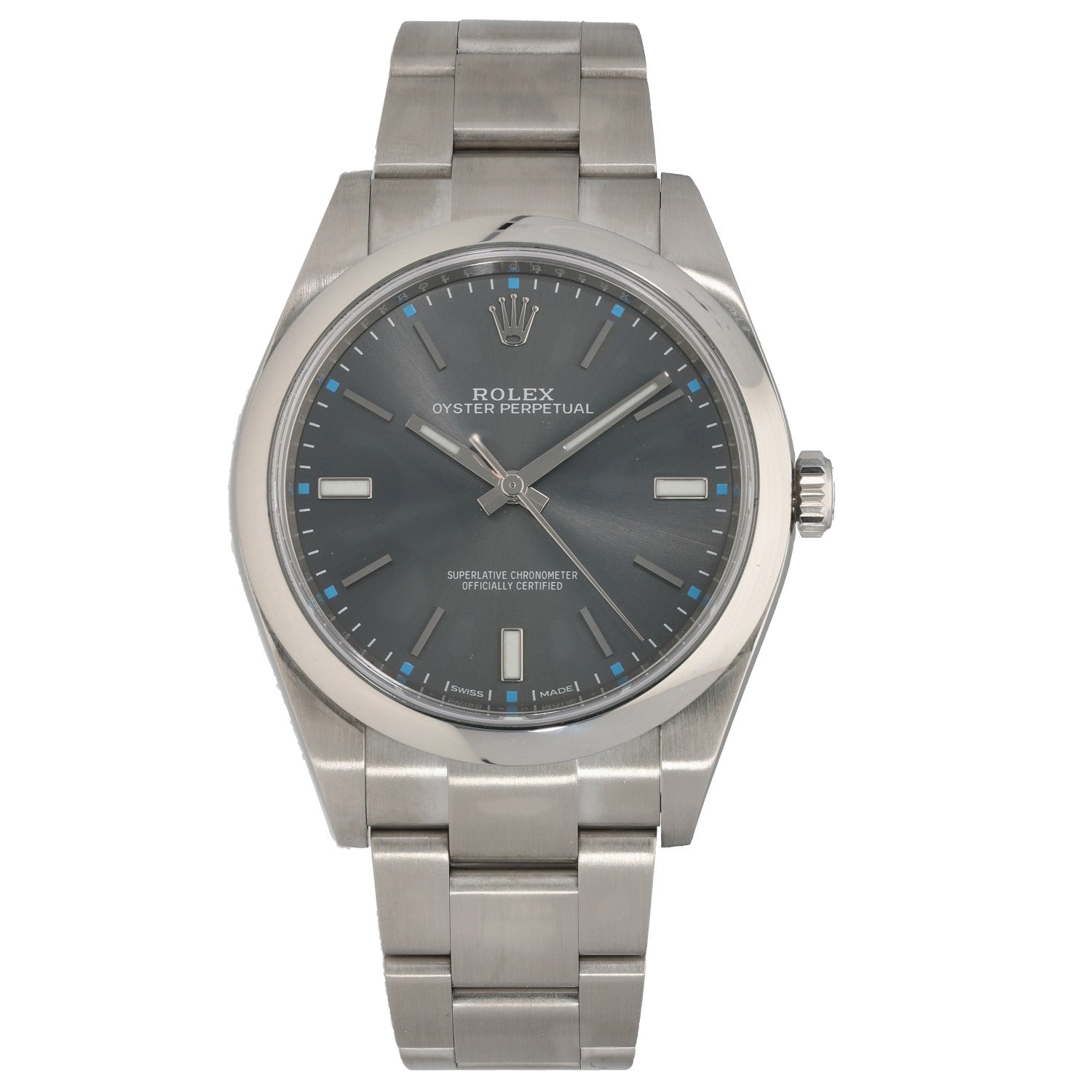 Rolex Oyster Perpetual 114300 stainless steel wristwatch with dark blue dial and metal bracelet