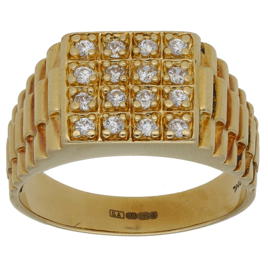 14ct Gold Cubic Zirconia Patterned Signet Ring Size Z