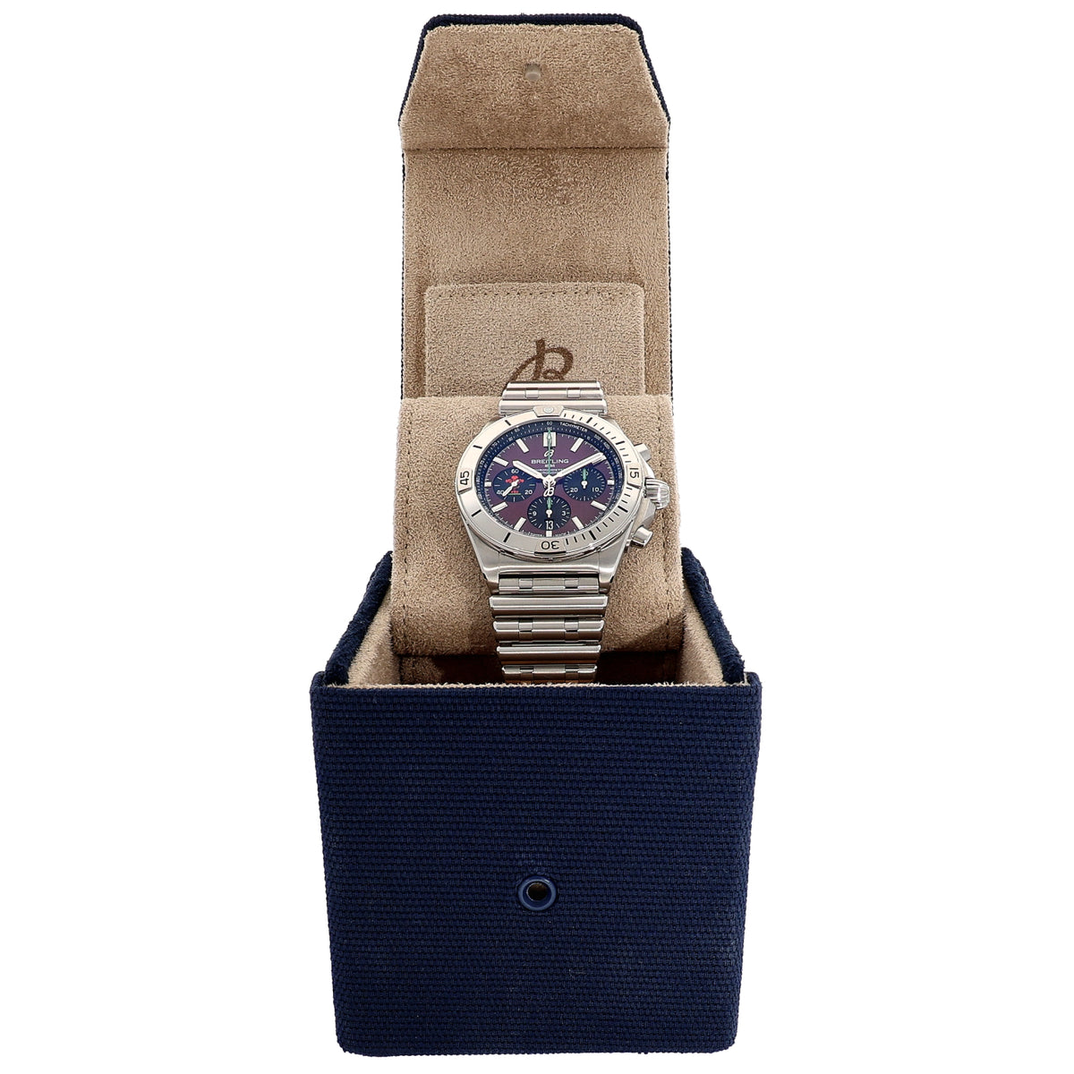 Breitling Chronomat Six Nations AB0134 stainless steel chronograph watch in blue display box with metal bracelet