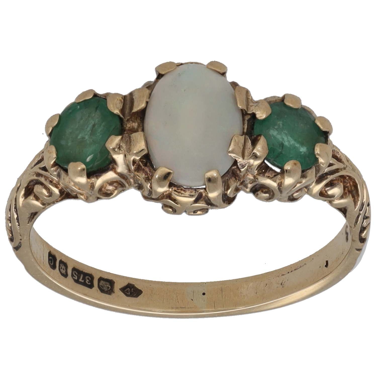 Gold three-stone ring with emerald and opal, size L, scalloped prong setting