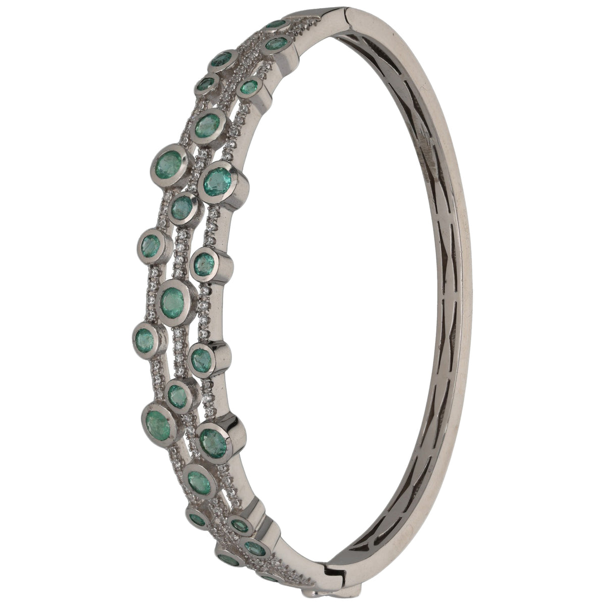 Sterling Silver Emerald & Cubic Zirconia Hinged/Clasp Bangle