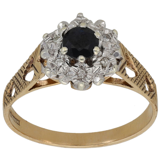 9ct Gold Sapphire & 0.06ct Diamond Cluster Ring Size L
