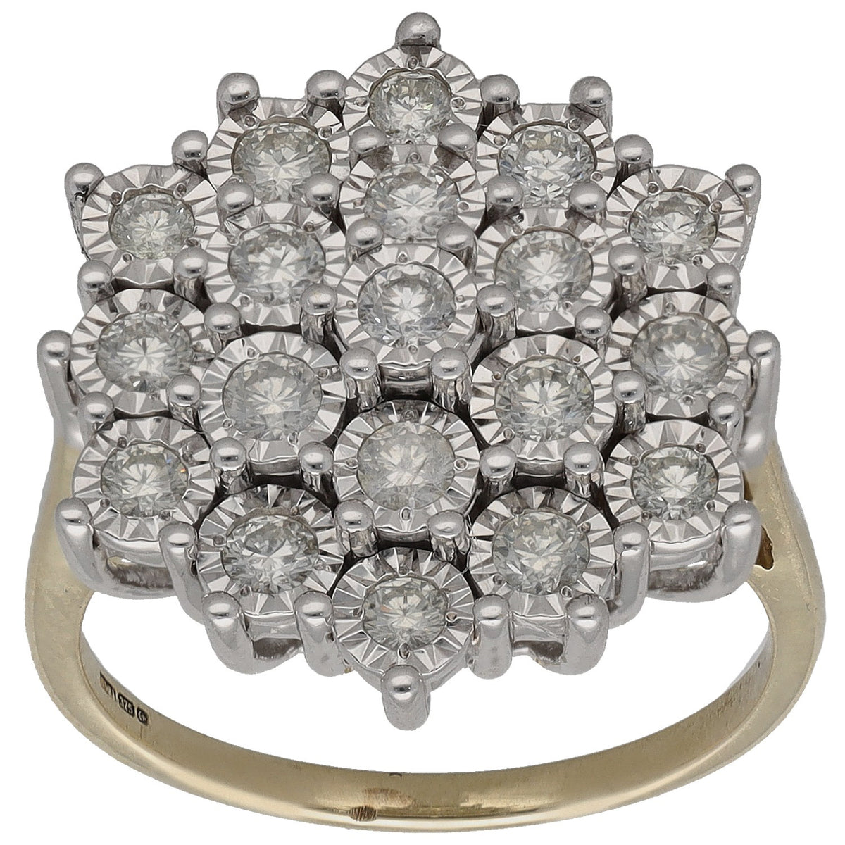 Bicolour gold round diamond cluster ring with raised halo of small round stones
