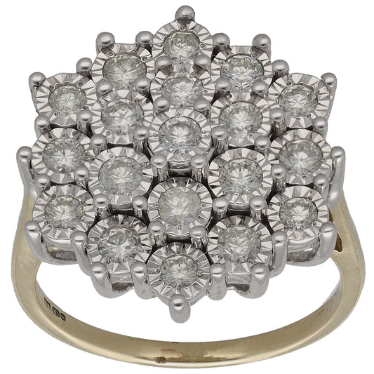 Bicolour gold round diamond cluster ring with raised halo of small round stones