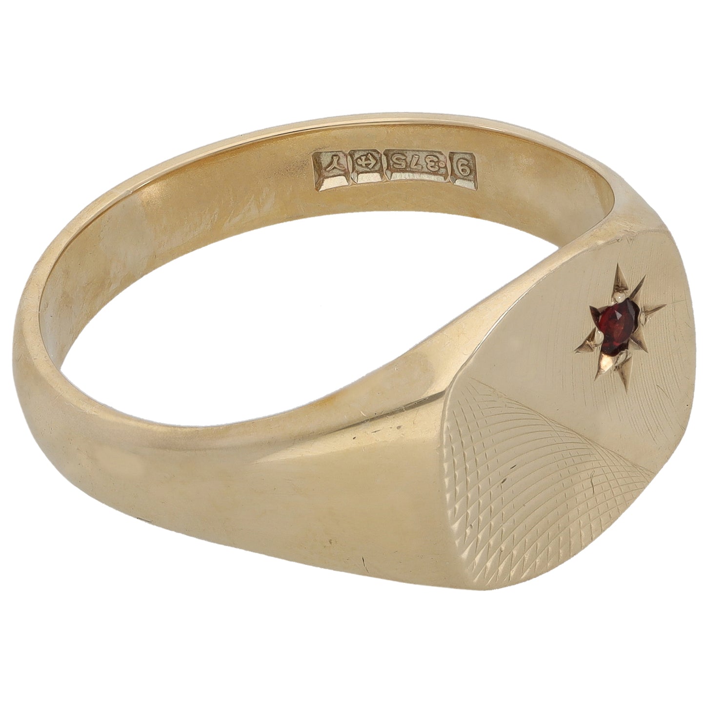 9ct Gold Garnet Patterned Signet Ring Size W