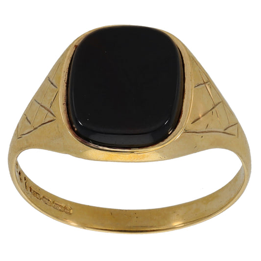 9ct Gold Onyx Patterned Signet Ring Size T