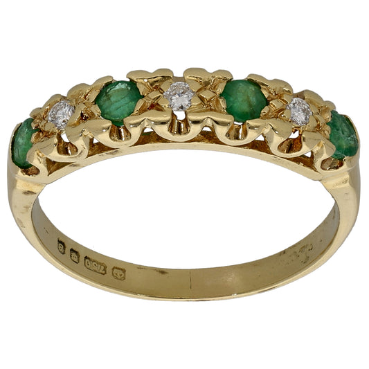18ct Gold Emerald & 0.09ct Diamond Half Eternity Ring Size N