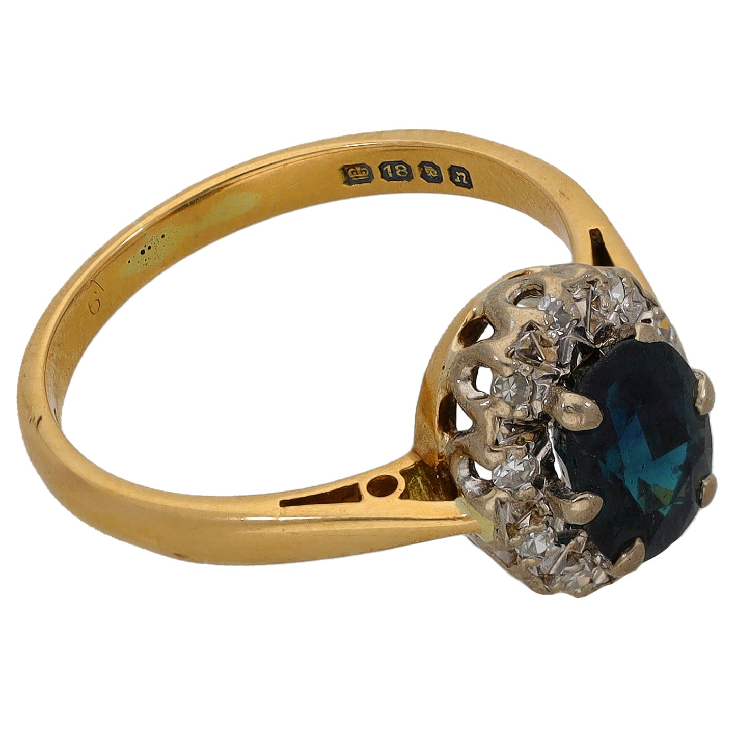 18ct Gold Sapphire & 0.10ct Diamond Cluster Ring Size L