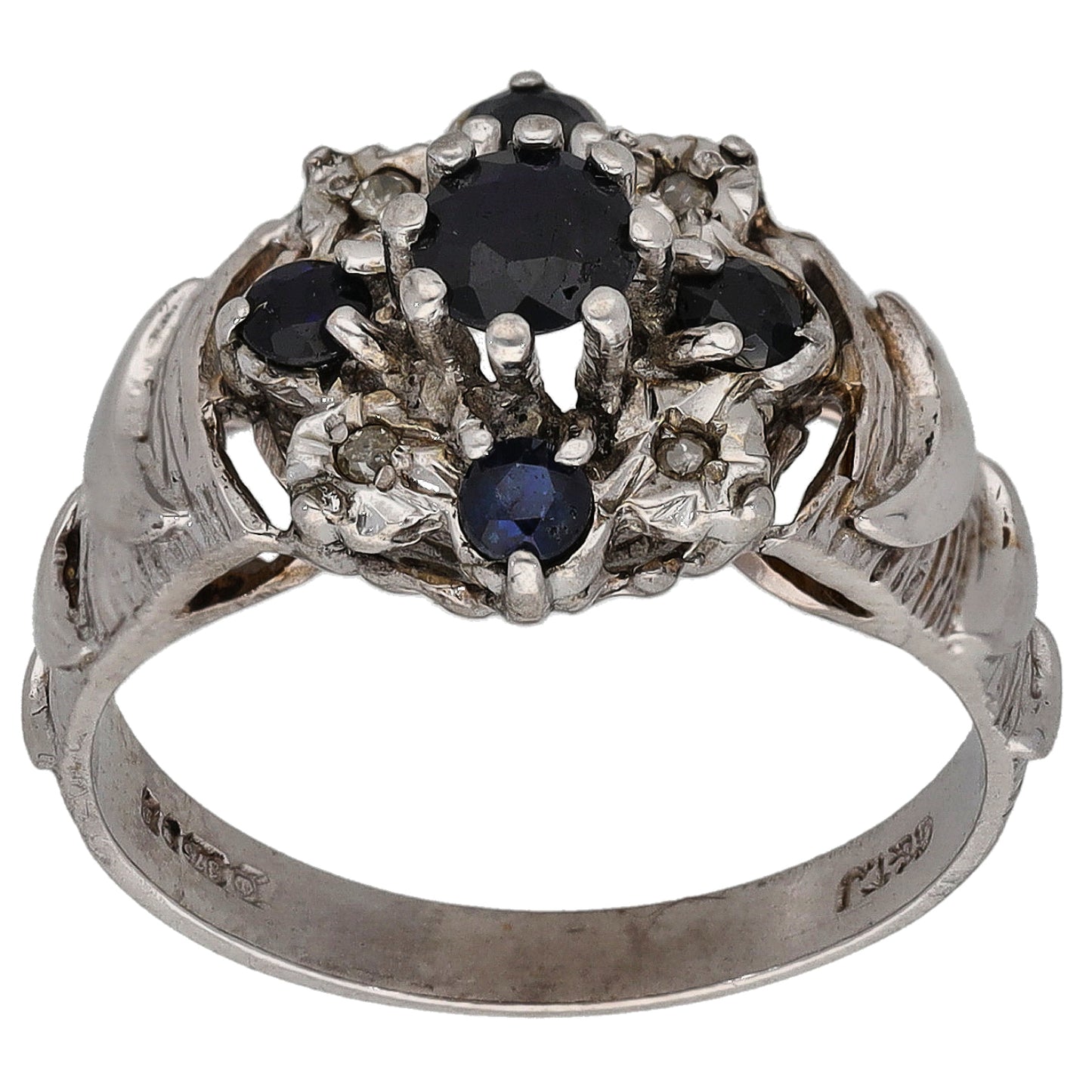 9ct White Gold Sapphire & 0.02ct Diamond Dress/Cocktail Ring Size M