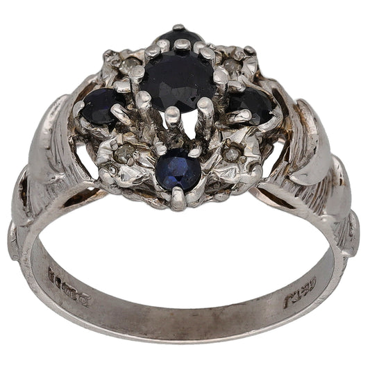 9ct White Gold Sapphire & 0.02ct Diamond Dress/Cocktail Ring Size M