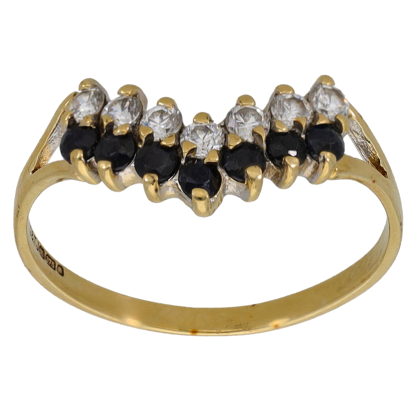 9ct Gold Sapphire & Cubic Zirconia Wishbone Ring Size R