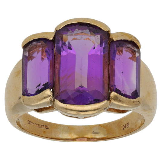 9ct Gold Amethyst Three Stone Ring Size N
