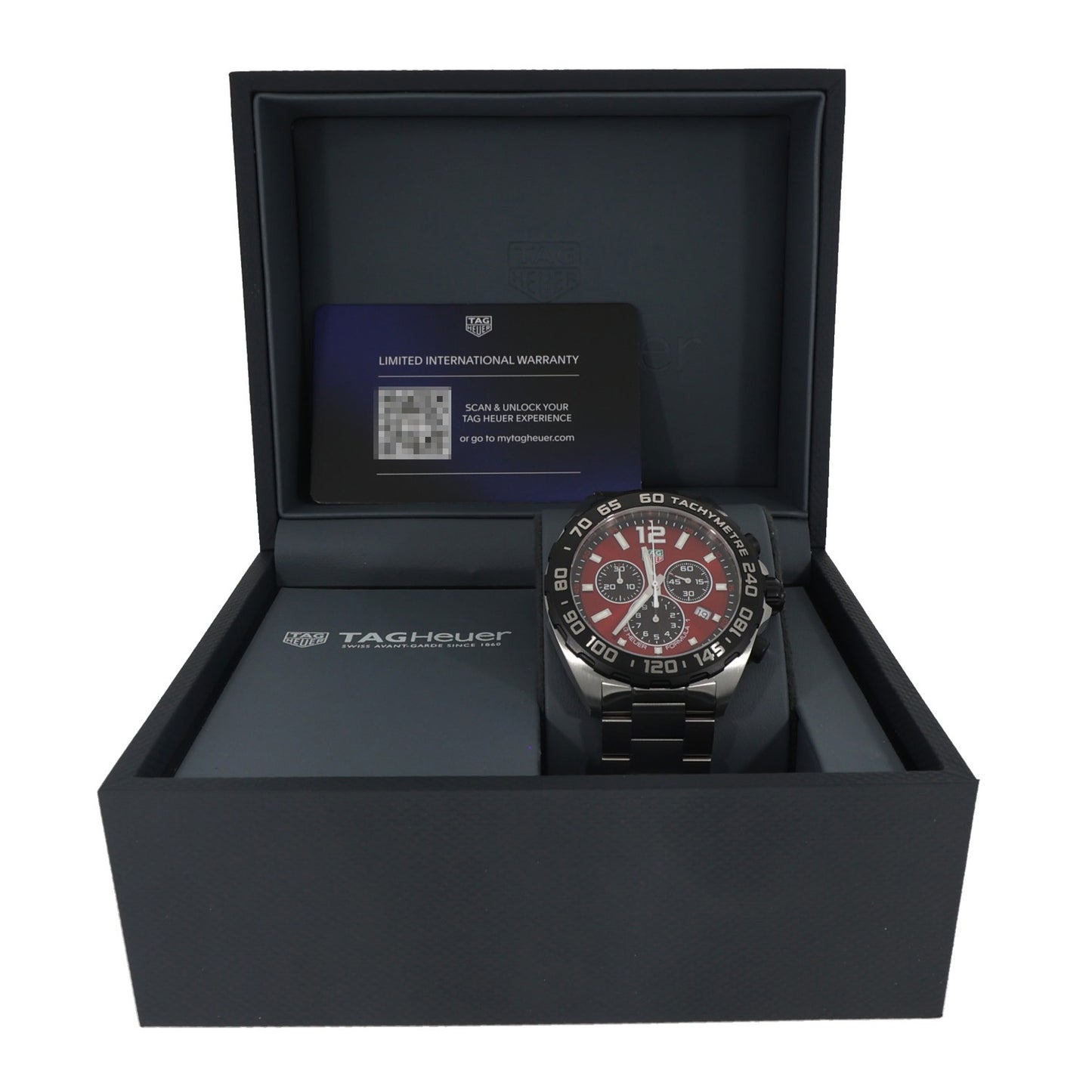 Tag Heuer Formula 1 CAZ101AN stainless steel watch with red chronograph dial and subdials, link bracelet