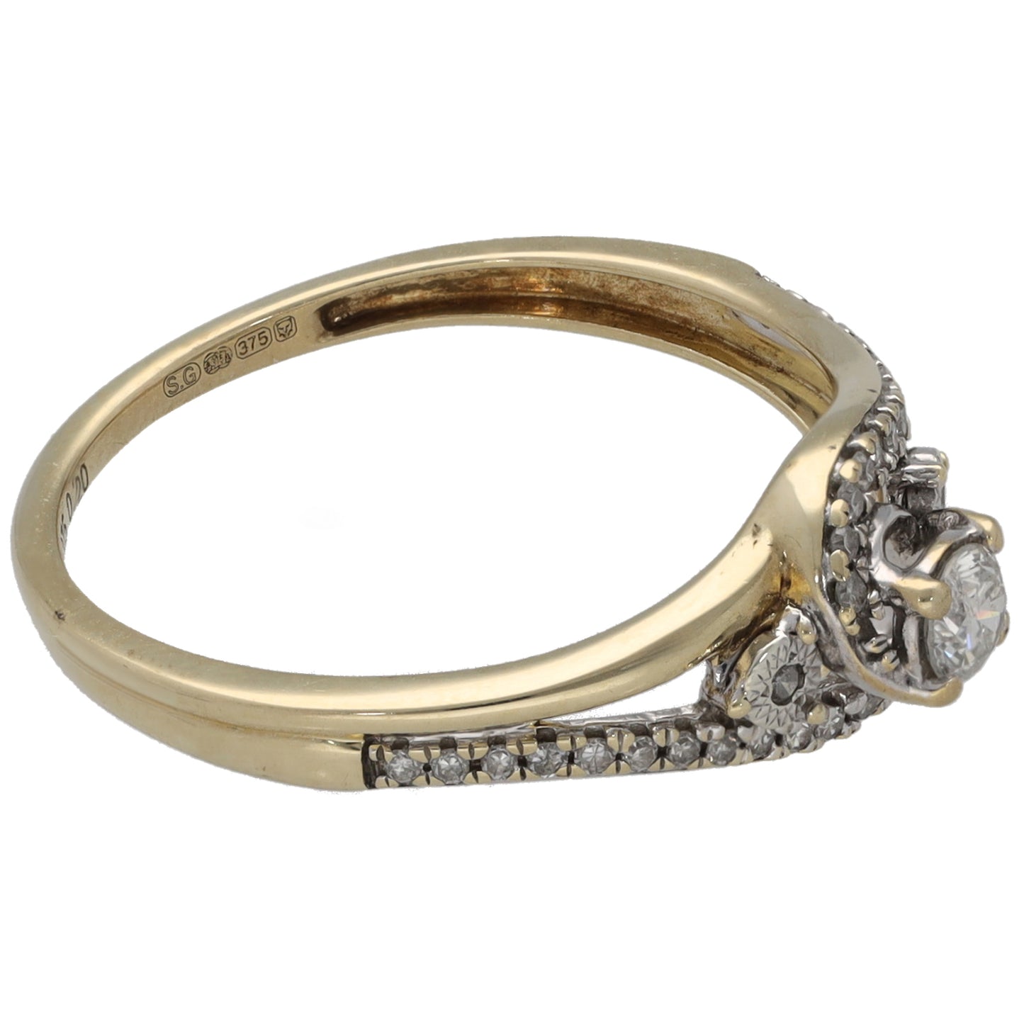 9ct Gold 0.20ct Diamond Solitaire Ring With Accent Stones Size L