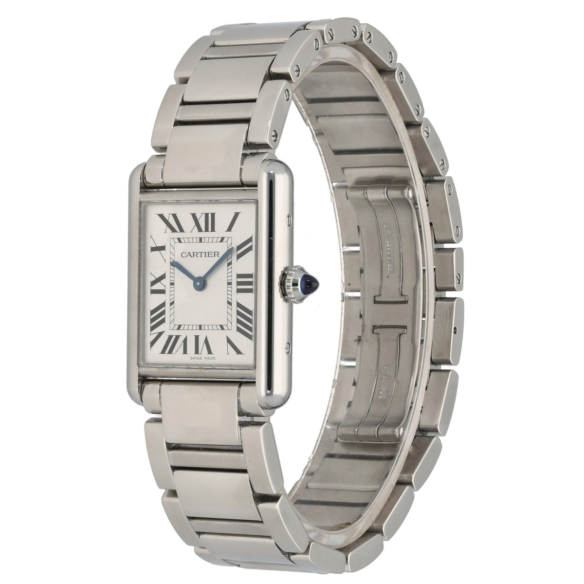 Cartier Tank Must WSTA0052, stainless steel case and bracelet with sapphire crown, front angle
