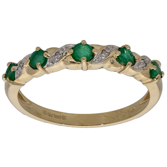 9ct Gold 0.02ct Diamond & Emerald Half Eternity Ring Size P