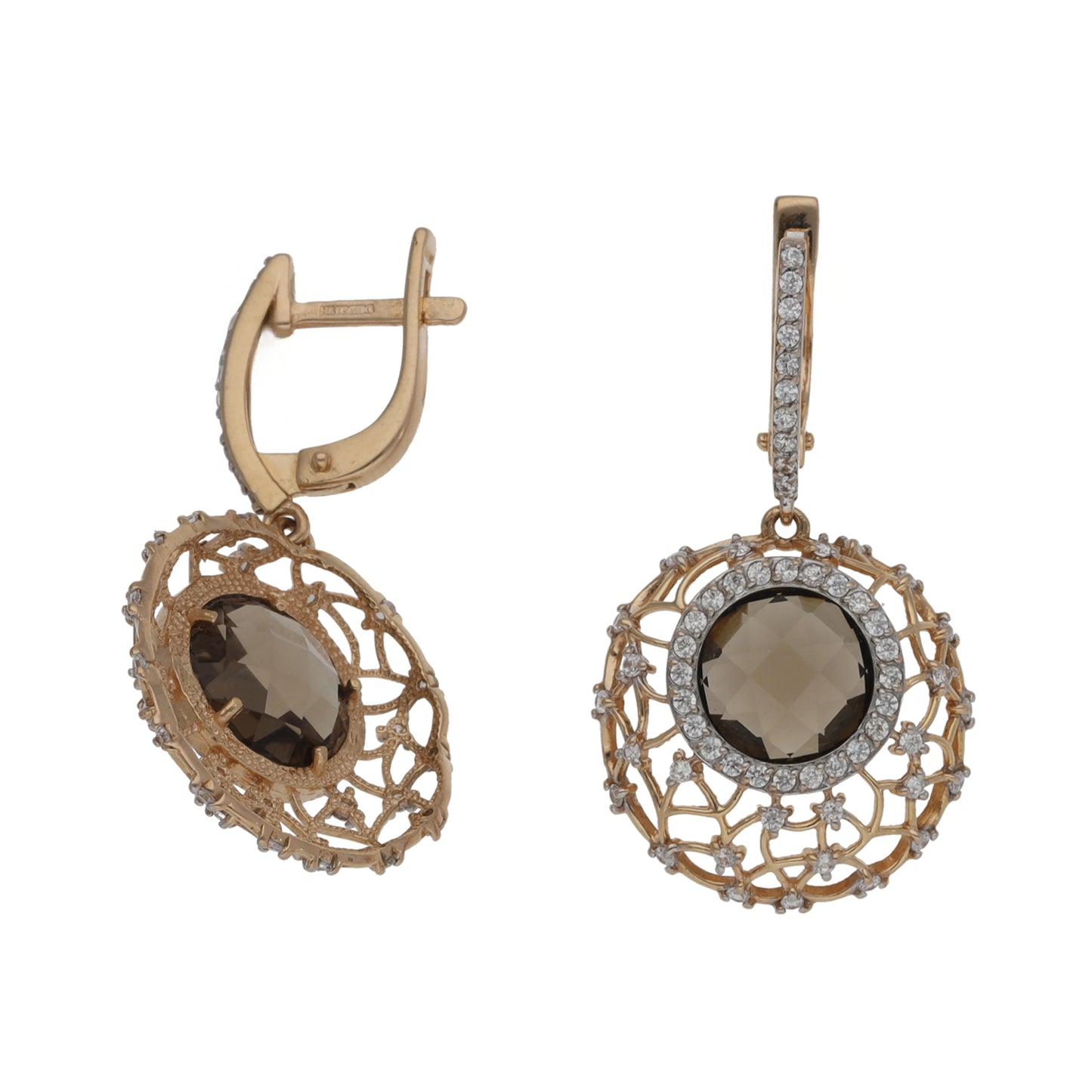 14ct Gold Smoky Quartz & Cubic Zirconia Drop Earrings