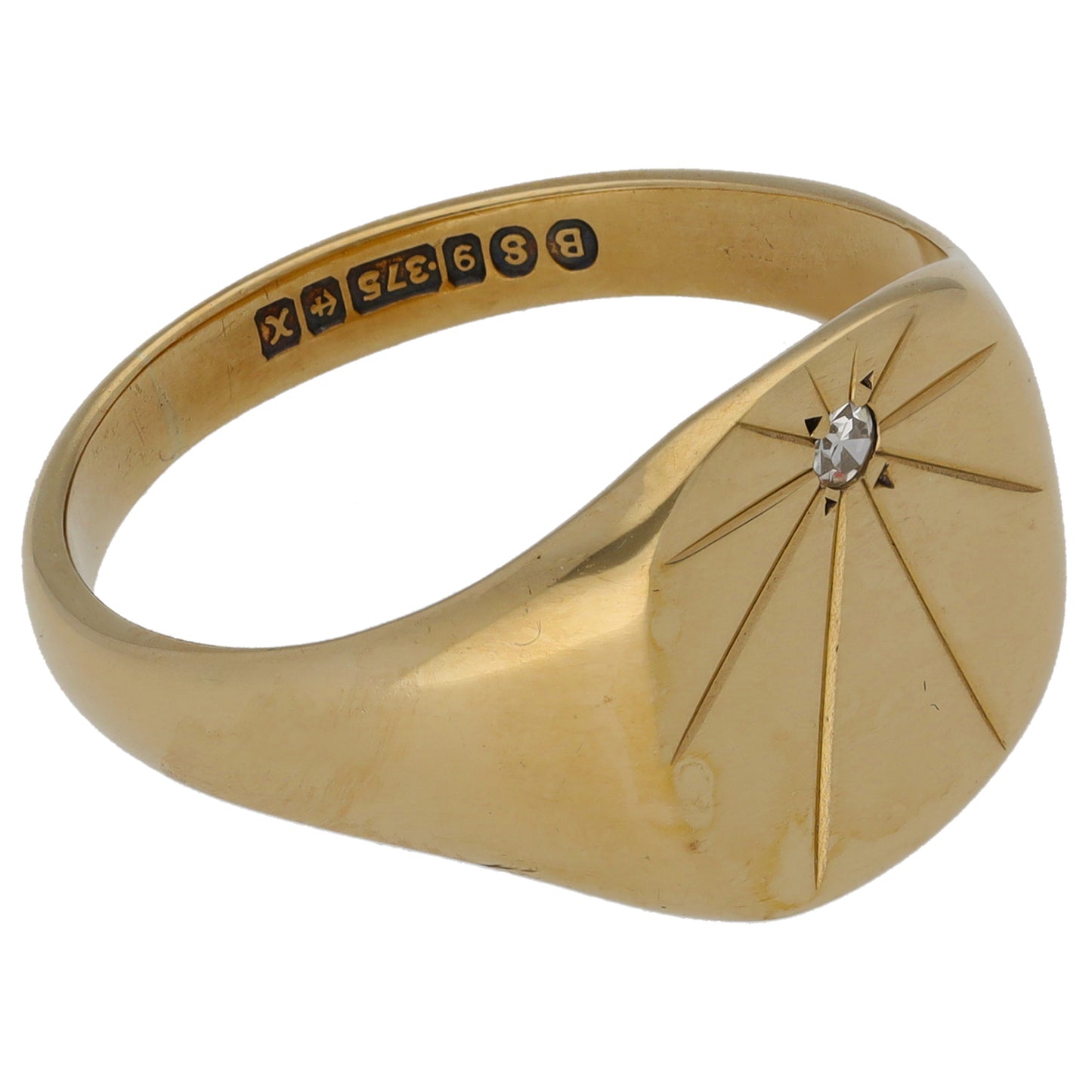 9ct Gold 0.01ct Diamond Patterned Single Stone Signet Ring Size S