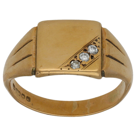9ct Gold 0.06ct Diamond Patterned Signet Ring Size T
