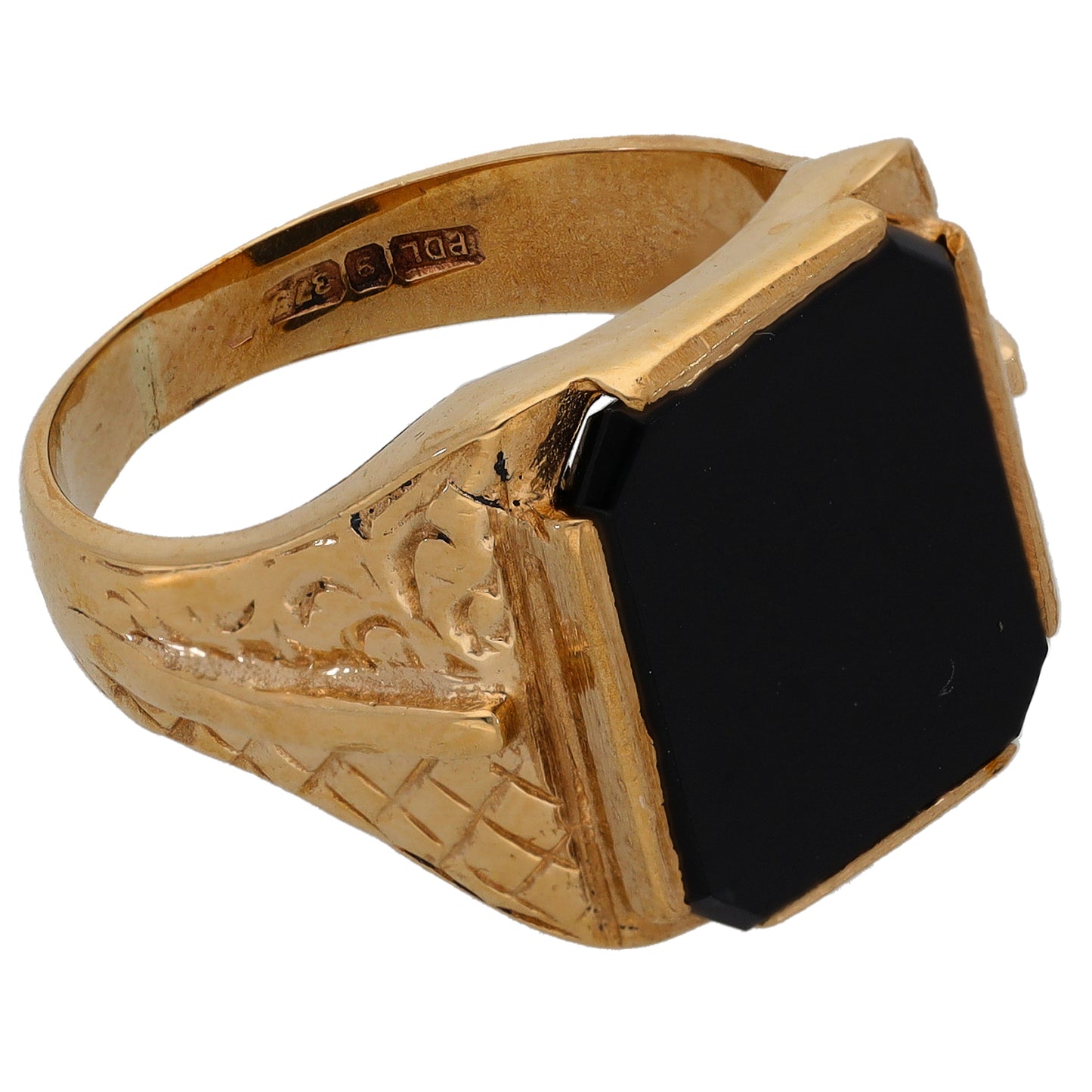 9ct Gold Onyx Single Stone Patterned Signet Ring Size P