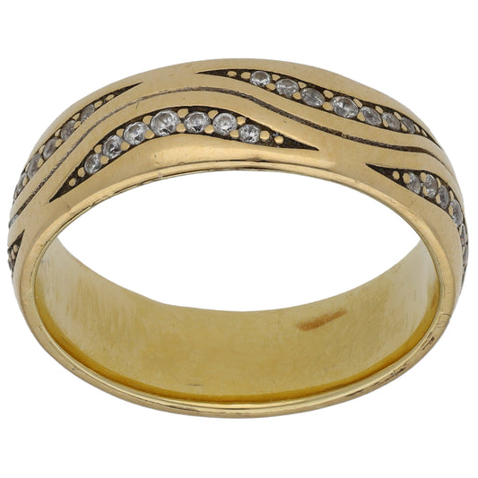 14ct Gold Cubic Zirconia Patterned Wedding Ring Size R