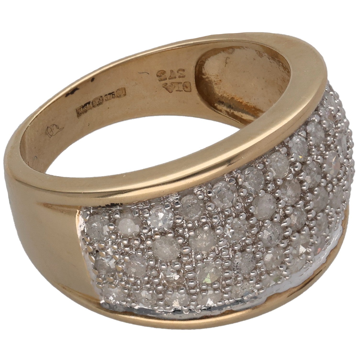 9ct gold cocktail ring with round diamond pavé front, size M
