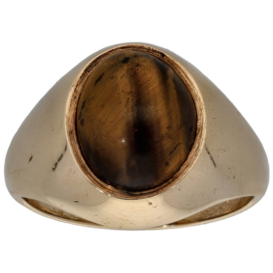 9ct Gold Tiger's Eye Plain Single Stone Signet Ring Size S