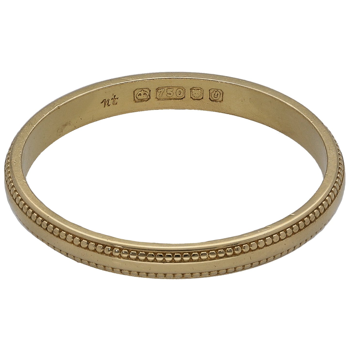 18ct gold plain wedding ring with inside hallmarks and beaded edge