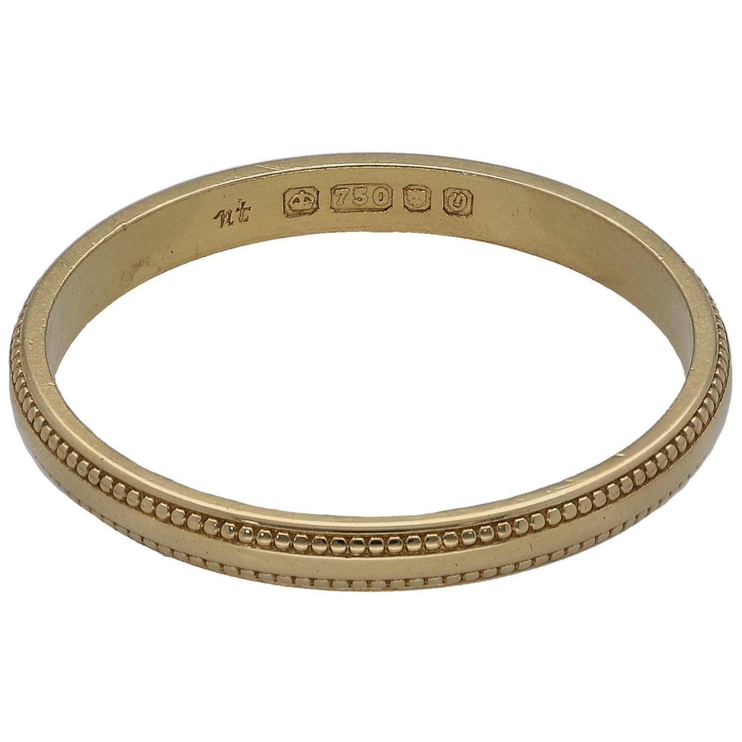 18ct gold plain wedding ring with inside hallmarks and beaded edge