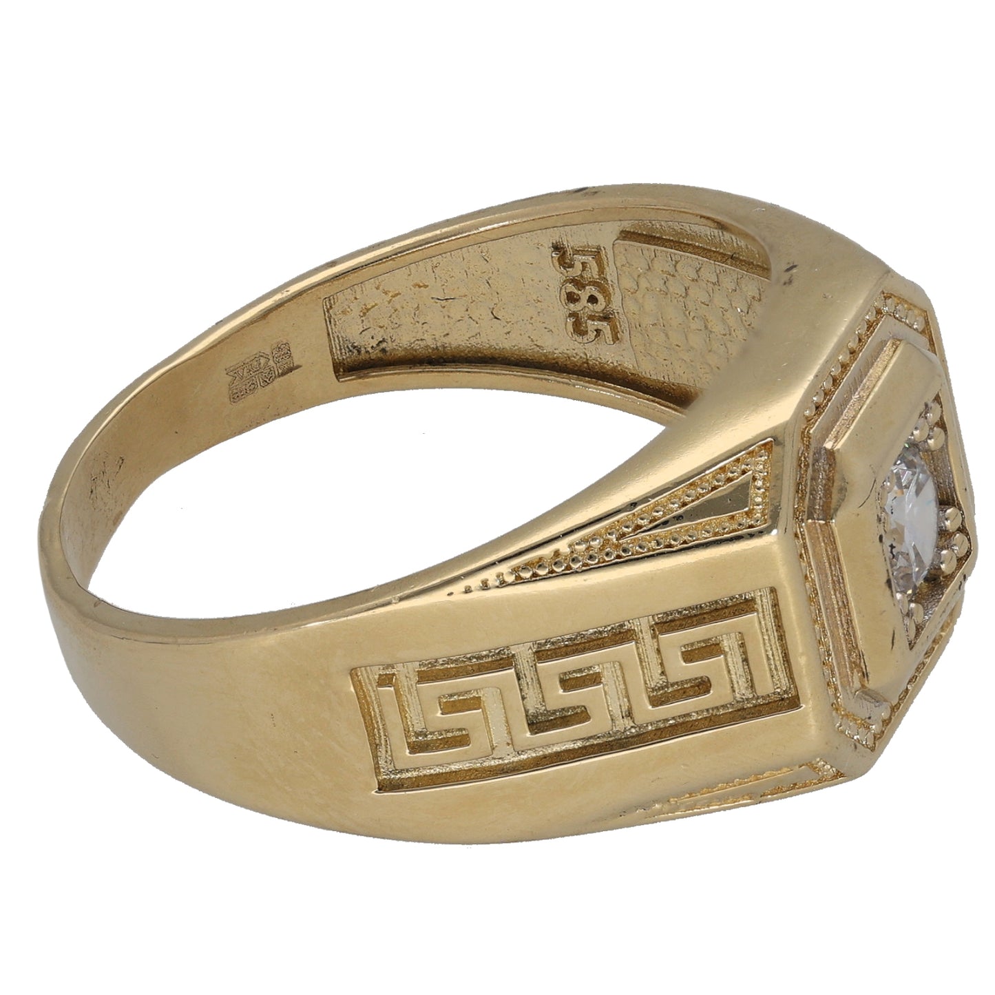 14ct Gold Cubic Zirconia Single Stone Patterned Signet Ring Size Z+1